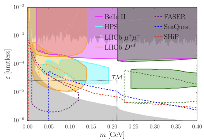 <p>Dark photon parameter space in dark photon mass and kinetic mixing with (gray) previous limits and future reach from (magenta) Belle II, (purple) FASER, (cyan) HPS, and (green/yellow) LHCb. TM corresponds to the marked point, using Eqs. (2) and (3).</p>